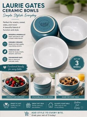 Laurie Gates Teal Ceramic small Bowls - Set of 3